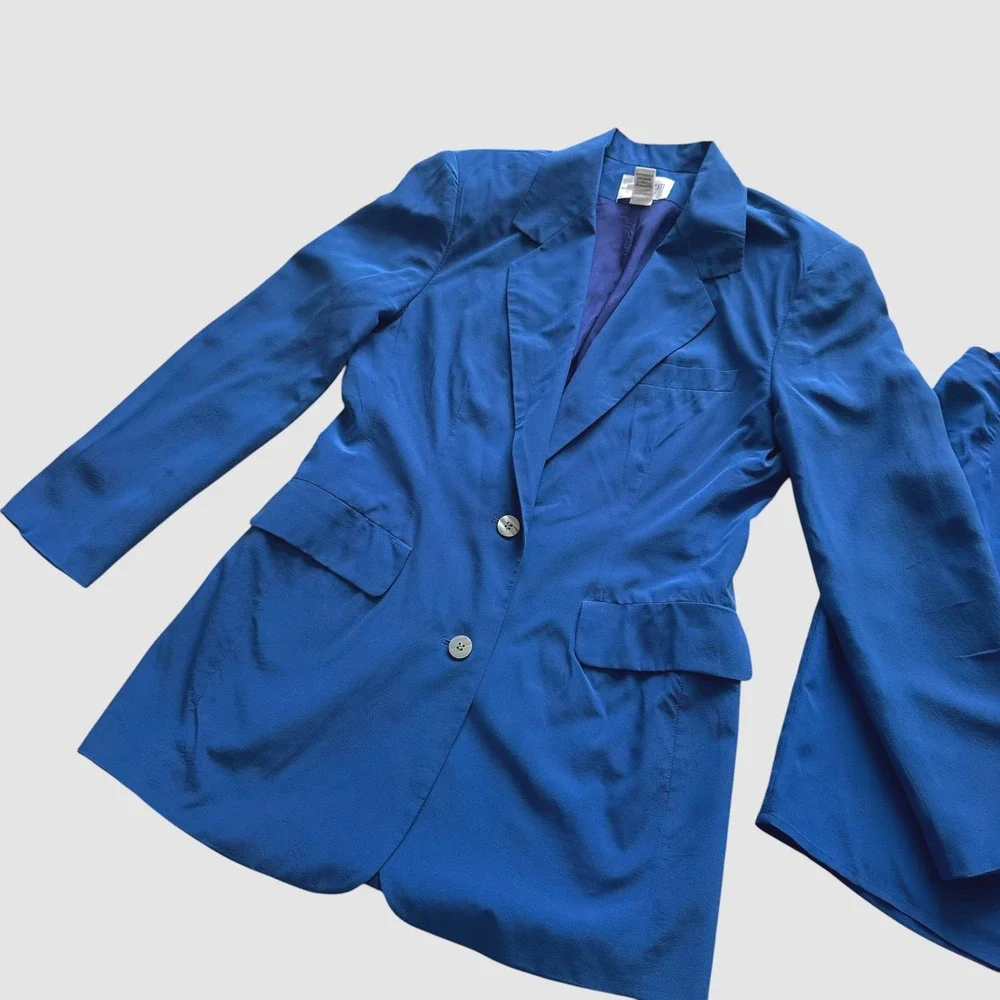 Hugo Buscati Milano Vintage Royal Blue 100% Silk Blazer Wrap Skirt Suit Set 2 4